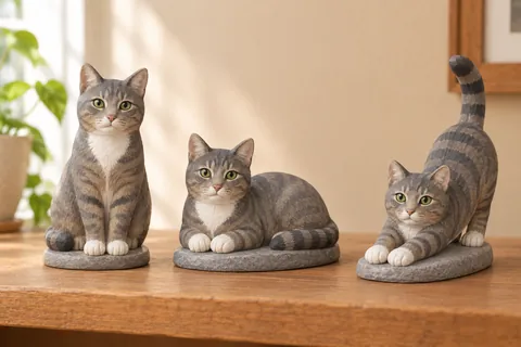 Three painted clay figurines of the same grey tabby cat on a wooden shelf