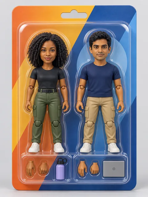 Two fictional adult people as vinyl action figures in orange and blue blister packaging