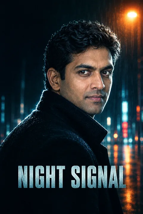 Night Signal thriller poster showing a fictional man on a rainy city street