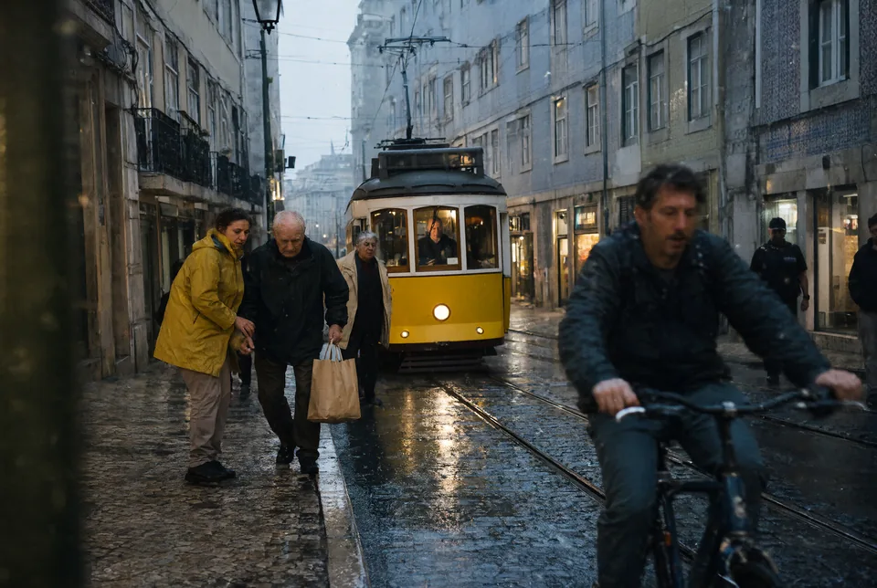 Candid rainy Lisbon street with a tram, several pedestrians and a passing cyclist, generated with Qwen Image 2.1