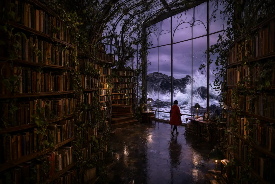 Stormside greenhouse library with a visitor and waves outside, generated with Qwen Image 2.1